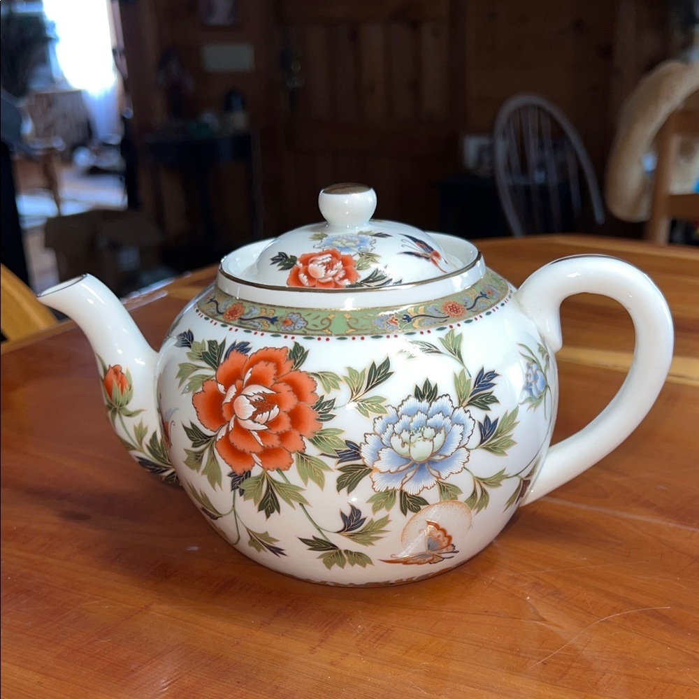 Floral Porcelain Teapot in White with Orange & Light Blue Blossoms Butterflies